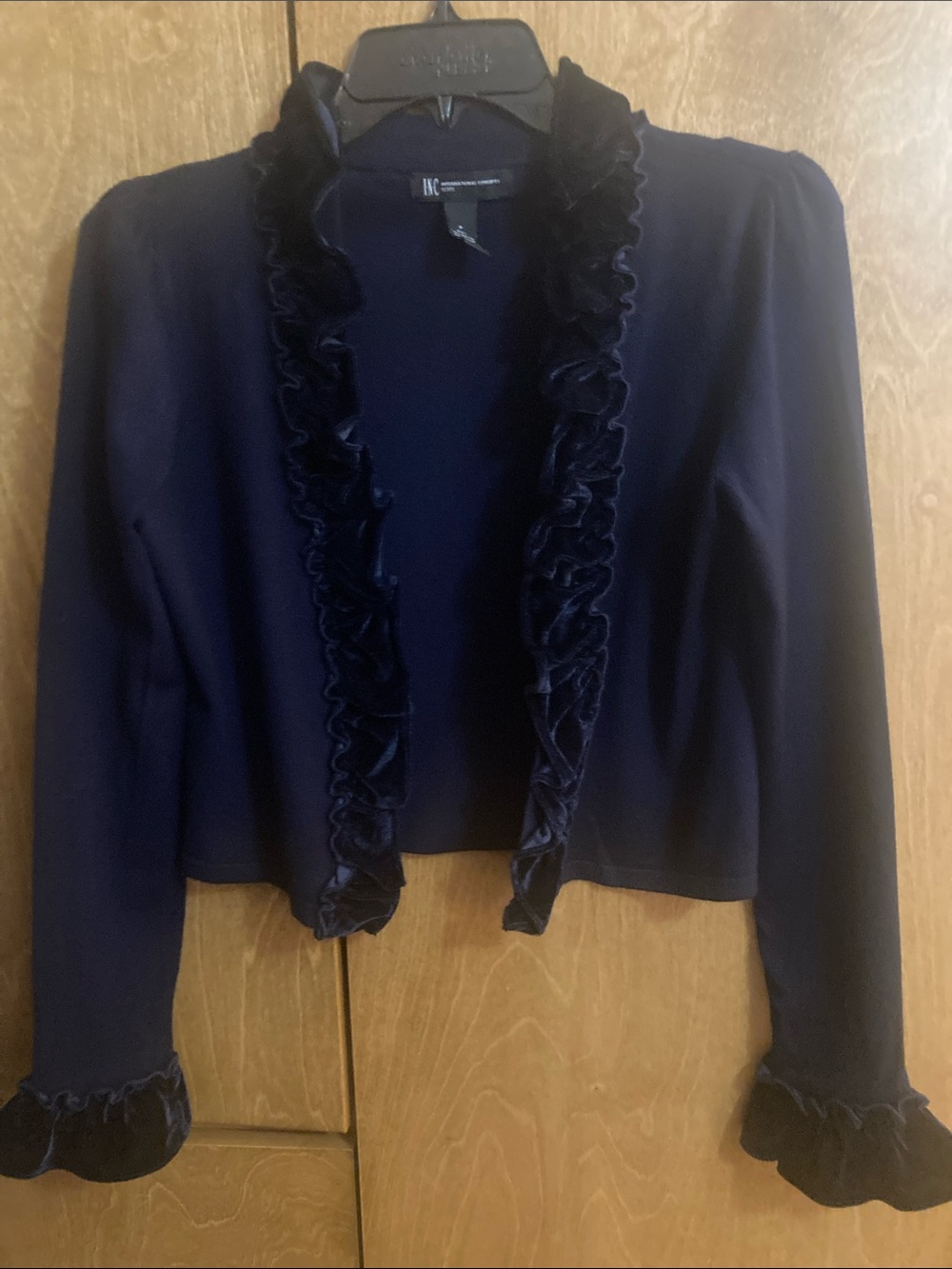 INC International Concepts Navy Velvet Ruffle Trim Open Long Sleeve SweaterSizeP